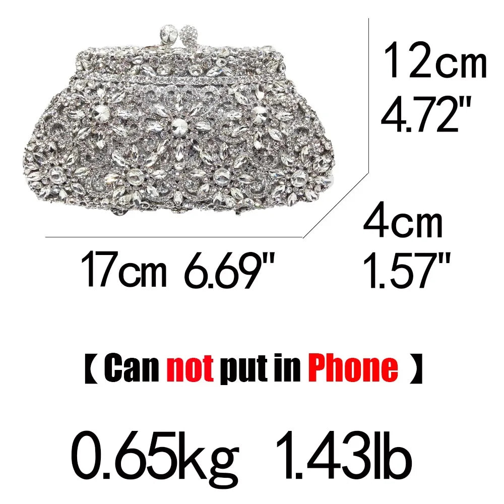 Boutique De FGG (in stock) Flower Crown Clutch Silver Crystal Evening Handbag Women Party Prom Bag Bridal Clutches Wedding Purse