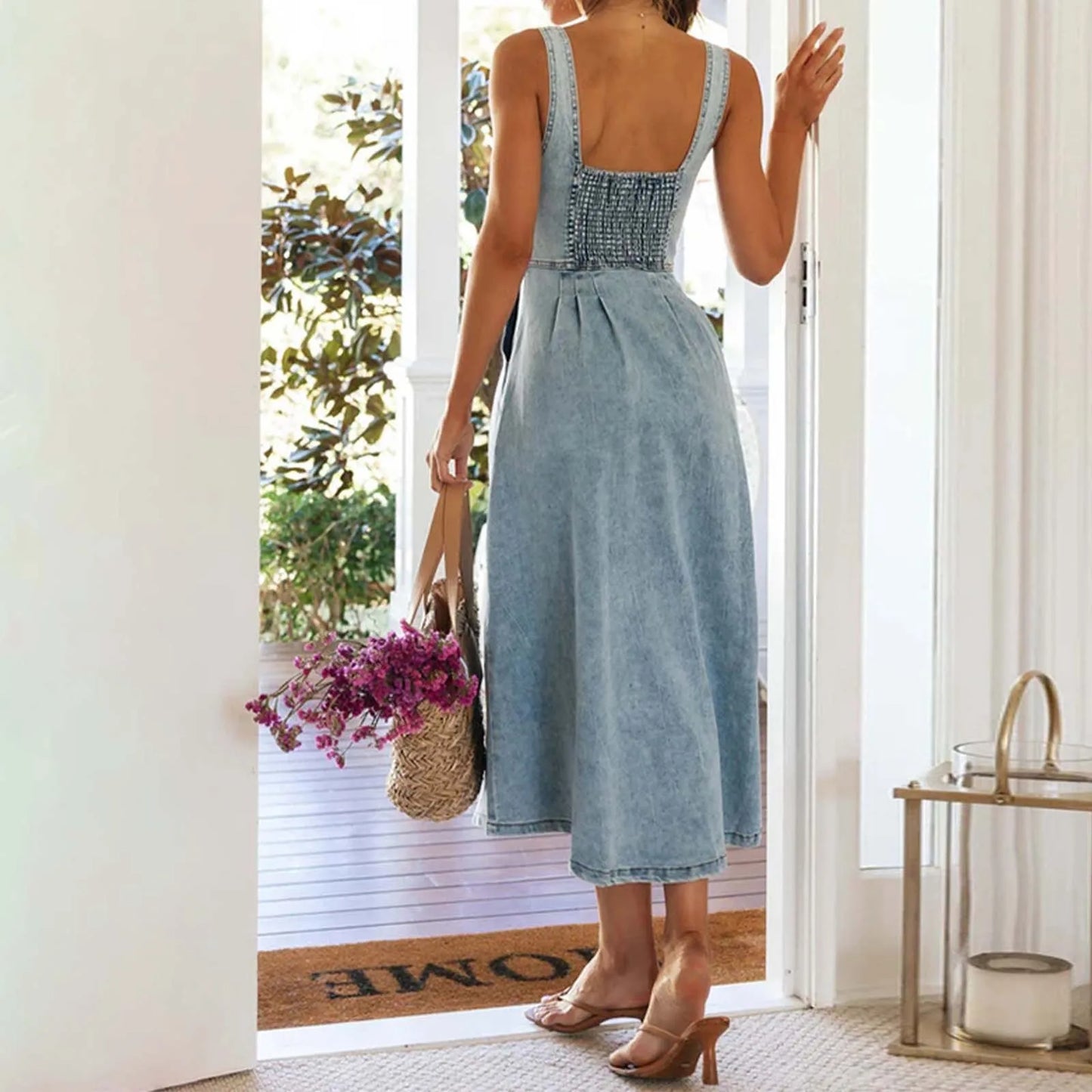 (Copy) Women's Fashion Denim Long Dresses High Waist Sling Sleeveless V Neck Elegant Maxi Dress Female Slim Fit Backless Dress Vestidos