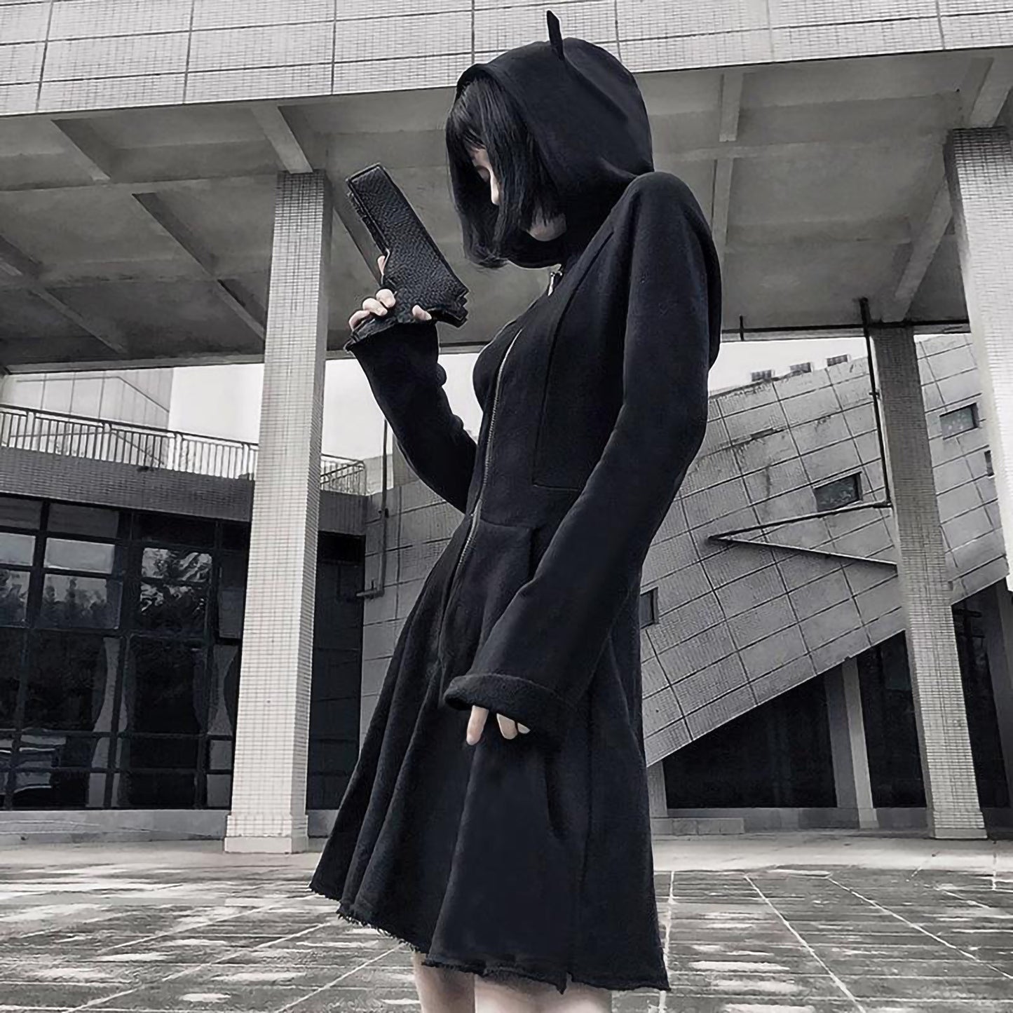 Loose Size Cat Ear Hoodie Dress Swing Pullover Long Sleeve Hooded Cute Sweatshirt Dress For Women Hoodies with Zipper зип худи