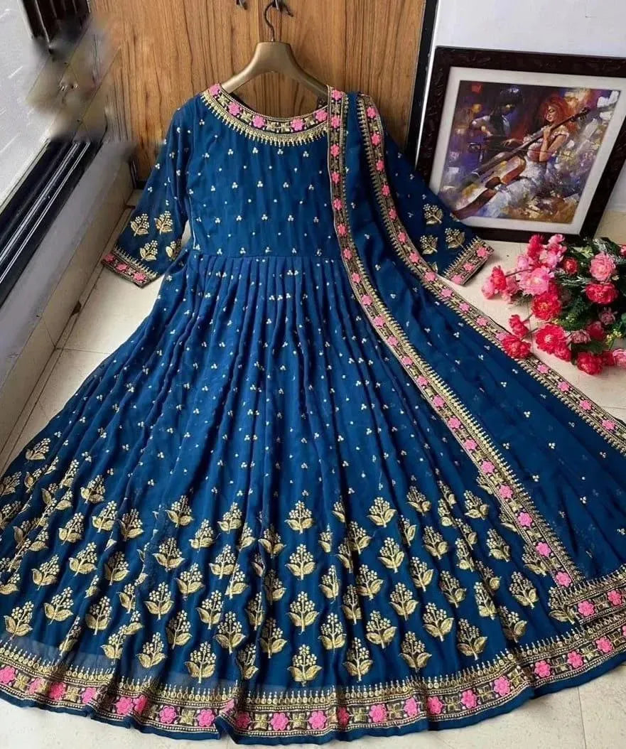 Blue Embroidered Maxi Dress With Dupatta Set