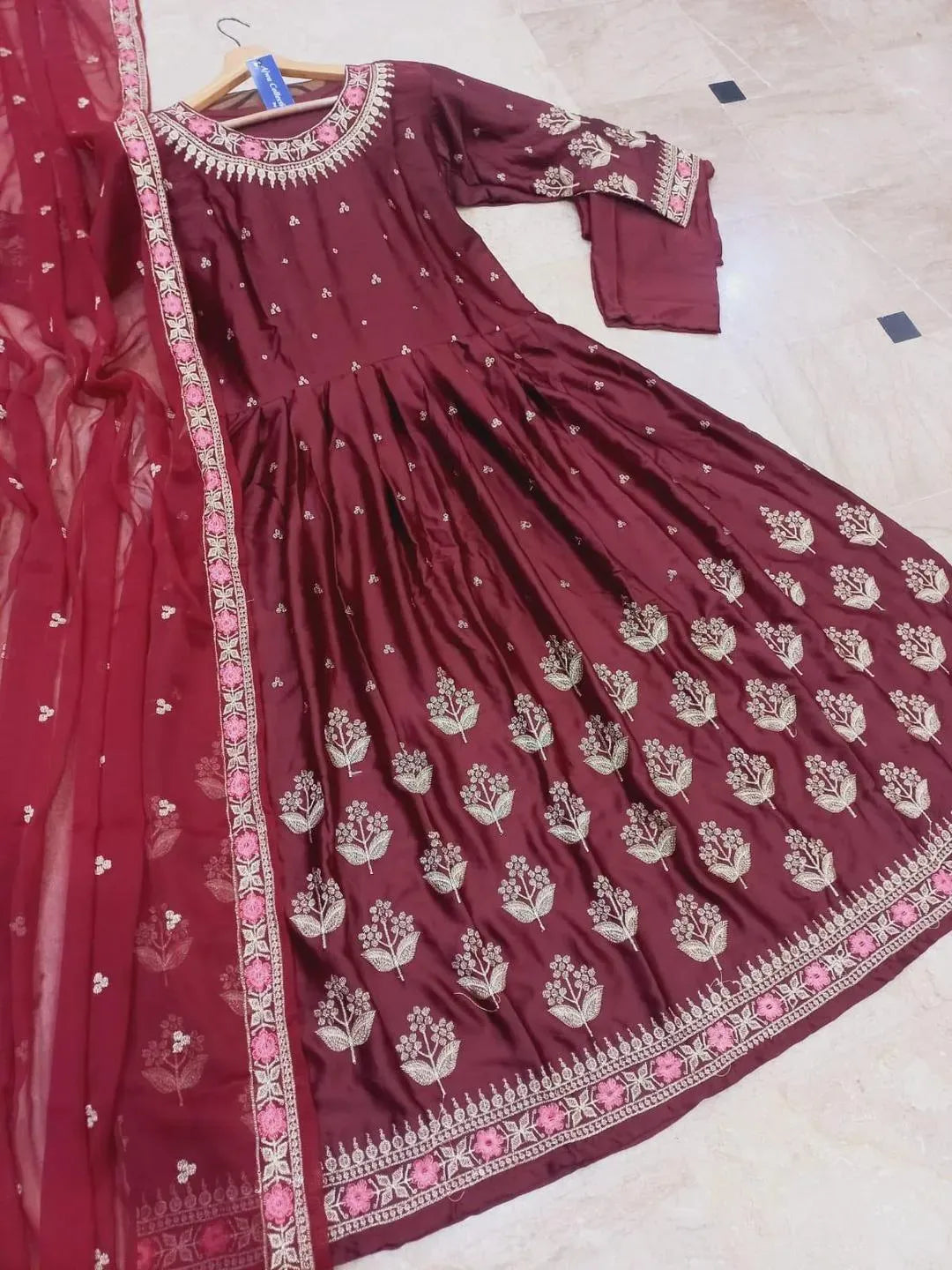 Blue Embroidered Maxi Dress With Dupatta Set