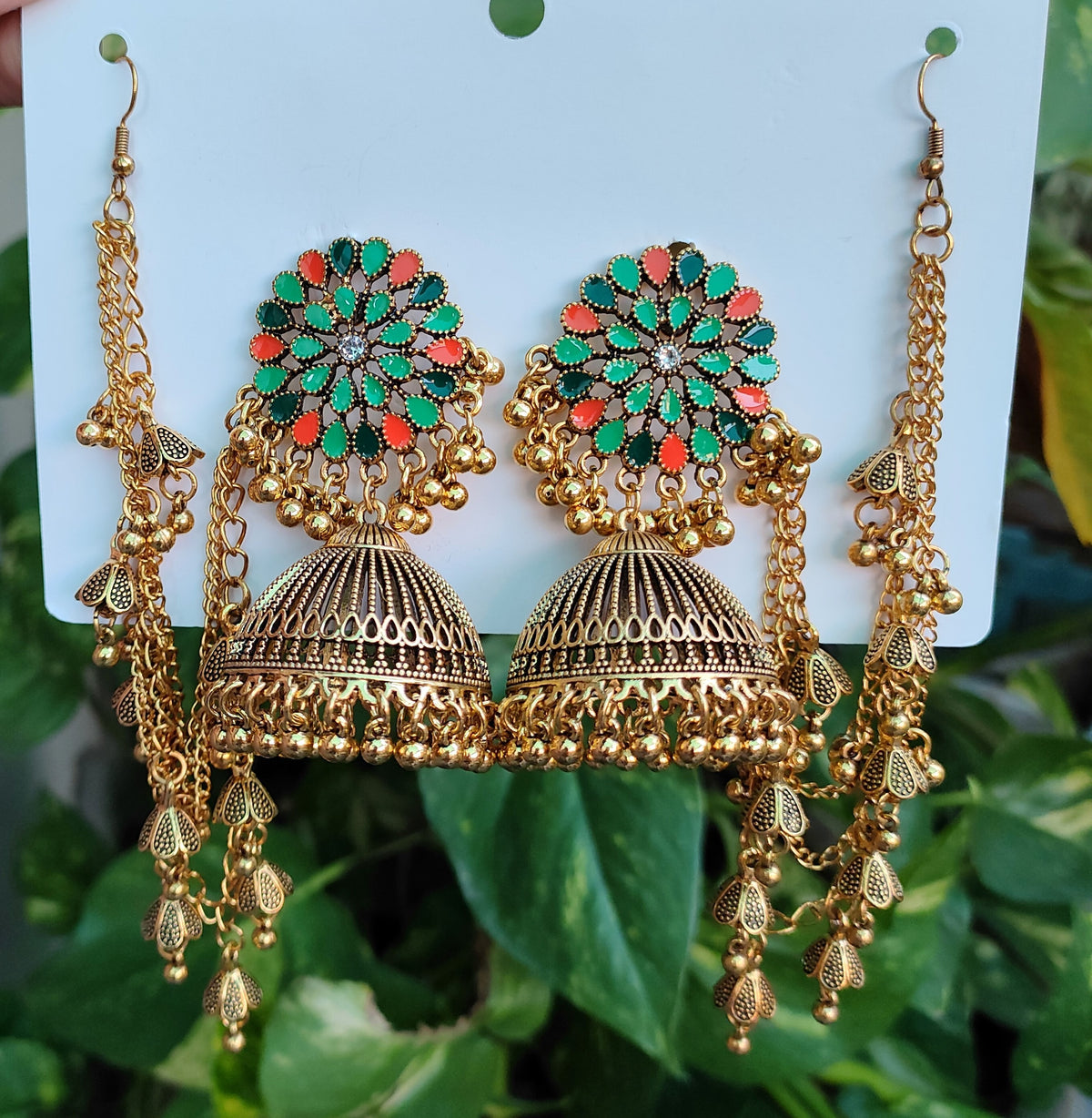 Beautiful Antique Golden Multy Rhinestone Jhumka
