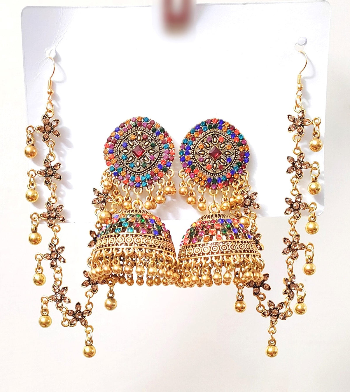 Beautiful Antique Golden Multy Rhinestone Jhumka